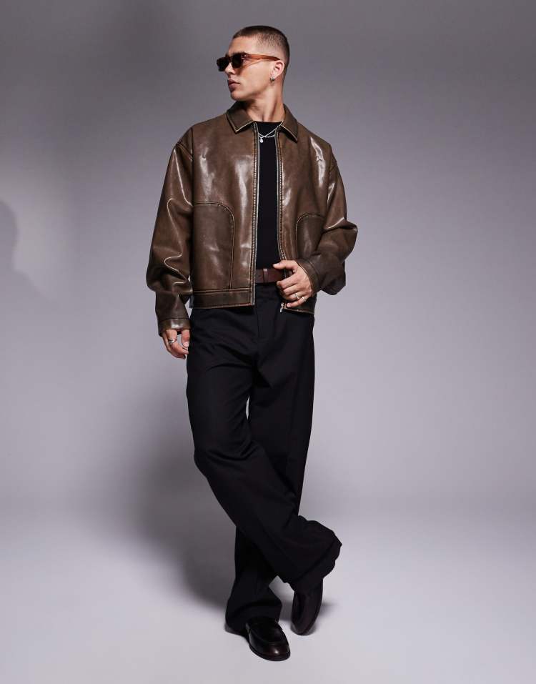 Original Leather Harrington Jacket �?Washed Brown Oversized Boxy Fit | Cowskin Jackets