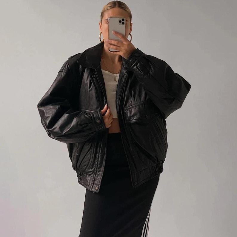 1980s Oversized Vintage Black Leather Jacket Long Sleeve Leather Jacket Women Plus Size Leather Jacket Ladies For Gift Jacket Collection